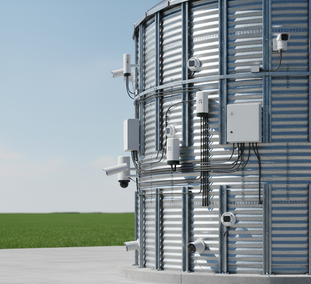 Grain silos with monitoring sensors